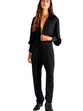 Free People Renatta Jumpsuit Black Silly Flowy Pockets Balloon Sieeve Size M
